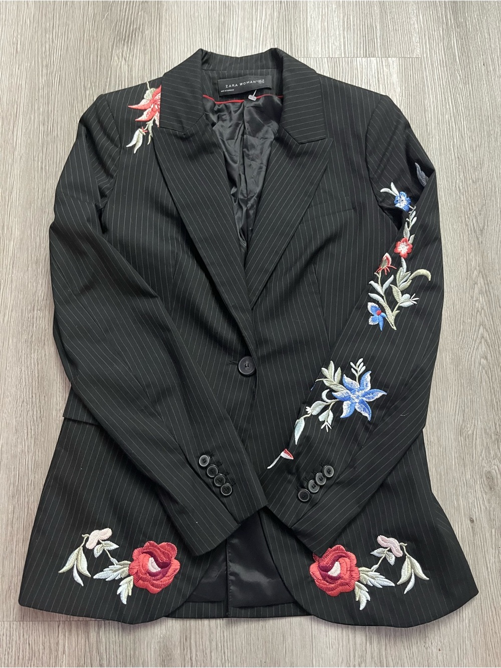 235–Zara Black Pinstripe Blazer with Multicolor Floral Embroidery